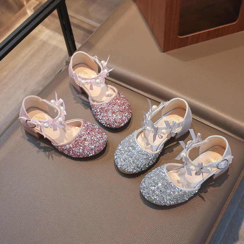 Girls' Bowknot Pearl Closed-Toe Sandals 2026 Summer Model Children's Rhinestone Princess Shoes Baby Girl's Show Shoes