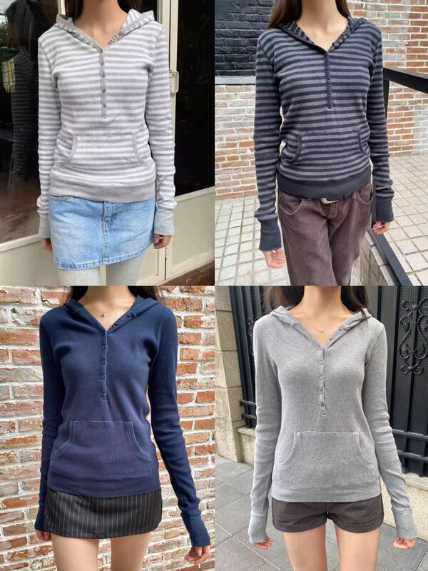 Bm Style New Striped Waffle Hooded Button Long-Sleeve T-Shirt Sweatshirt for Women, Slim Fit Versatile Top