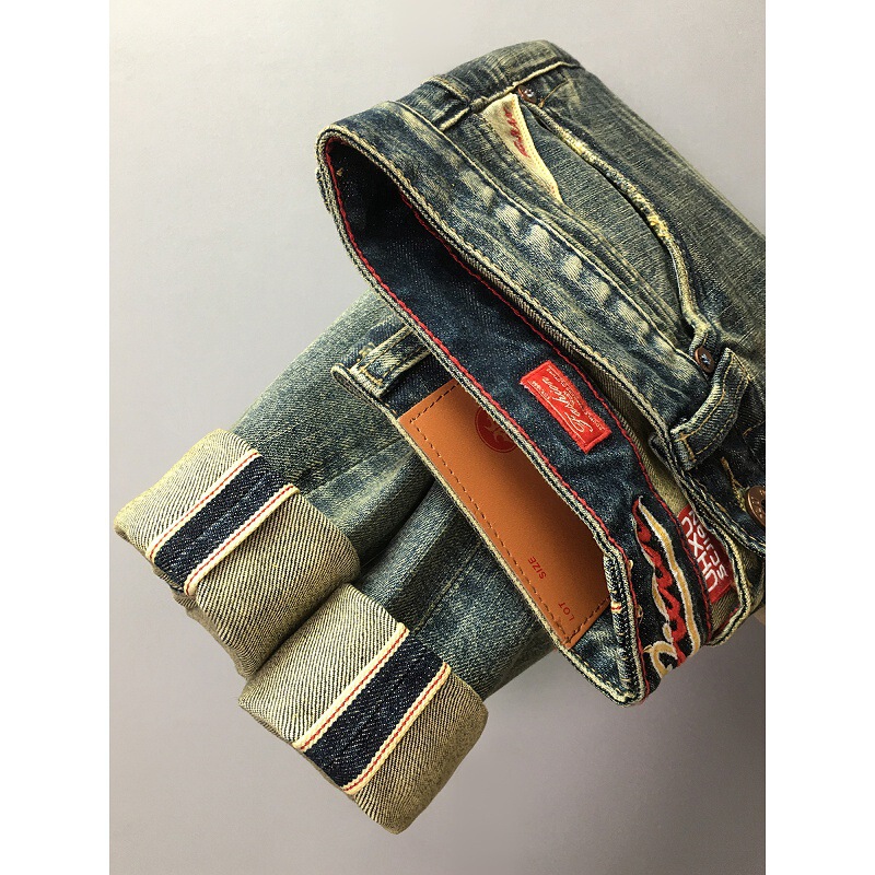 Motorcycle Style 15-Ounce Heavyweight Vintage Selvedge Denim Men's Jeans with Distressed Retro Blue Trendy Versatile Long Pants Motorcycle Style 15-Ounce Heavyweight Vintage Selvedge Denim Men's Jeans with Distressed Retro Blue Trendy Versatile Long Pants
