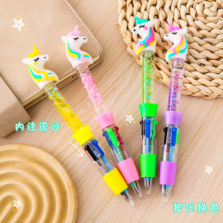 Bolígrafo de cuatro colores de arenas movedizas de unicornio, papelería de alto valor, bolígrafo de mano de color para estudiantes, bolígrafo de aceite de oficina al por mayor
