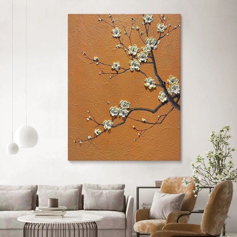 Customized Pure Hand-Painted New Chinoiserie White Plum Flower Entrance Decoration Painting Living Room Sofa Background Wall Hanging Painting Wall Wall