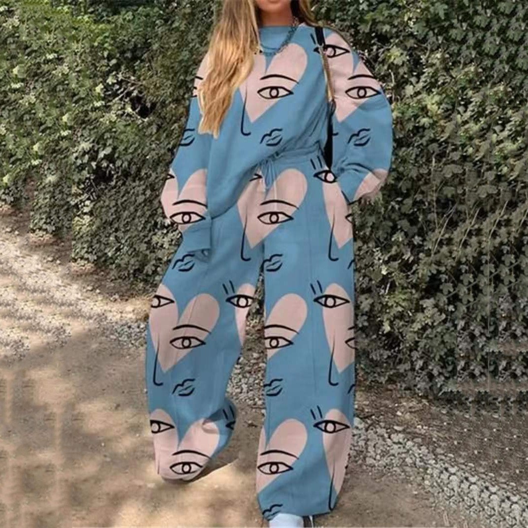 Conjunto de Sudadera Informal con Cuello Redondo y Estampado Holgado para Mujer, Estilo Europeo y Americano, Novedad de Comercio Exterior Transfronterizo para Otoño 2025