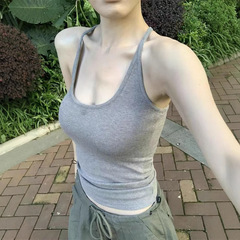 热辣欧美设计感灰色带胸垫吊带背心女内搭可外穿运动美背文胸一体