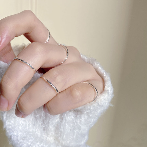 INS Asymmetrical Ripple Texture Ring for Women, 925 Silver, Korean Version, Simple Mini Open Finger Ring, Adjustable