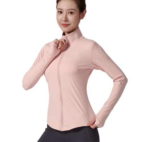 Outerwear for girls, fitness sports jacket with stand-up collar, waist-cinch, high elasticity, bare skin, skin-friendly zipper, long-sleeved yoga attire