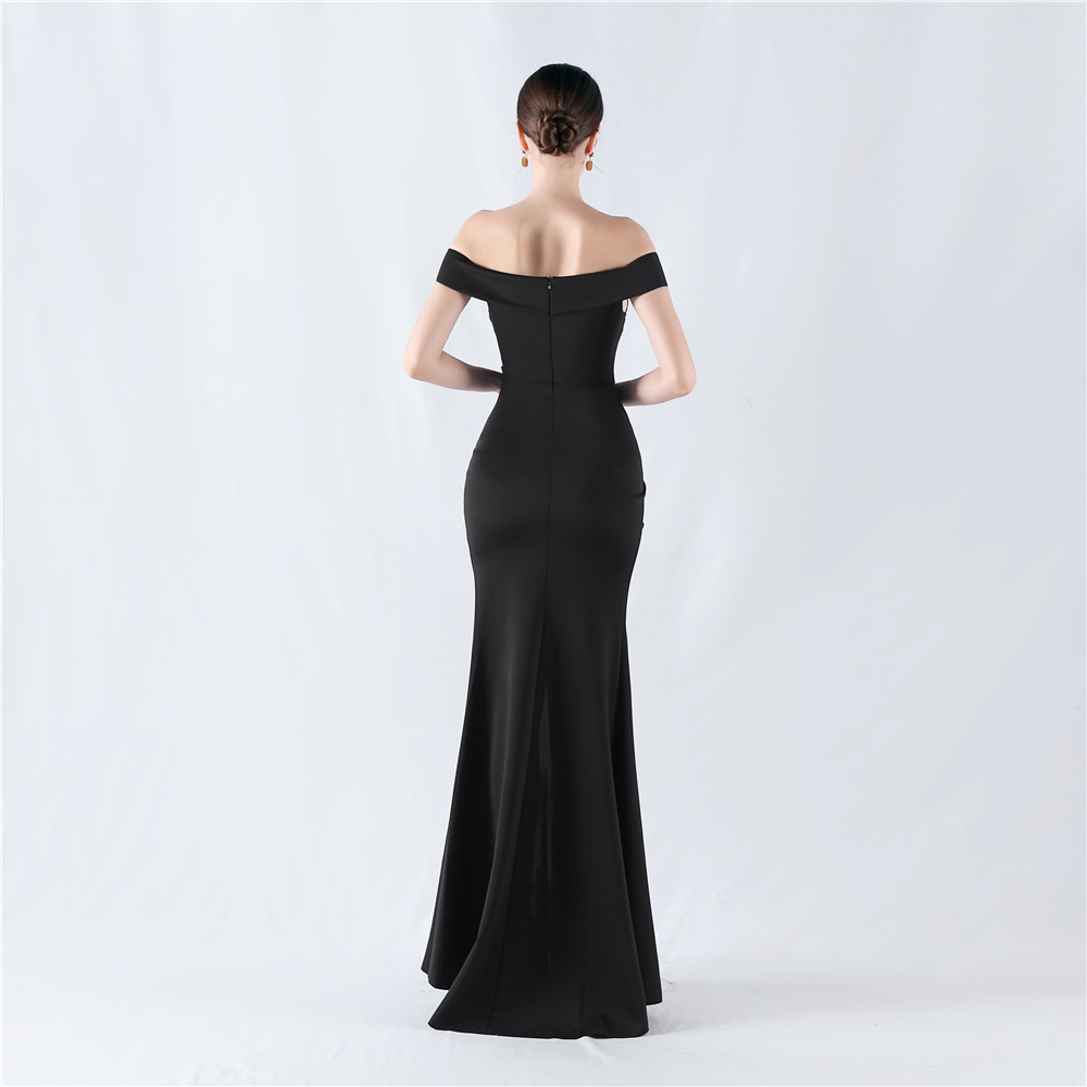 Classic off Shoulder High Fork Fishtail Satin Evening Dress
