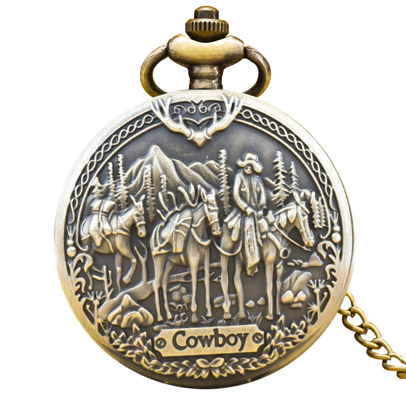 Venta al por mayor Nuevo bronce retro nostálgico tres carruajes de tres cabezas Carro de dos cabezas caballo gran reloj de bolsillo al por mayor