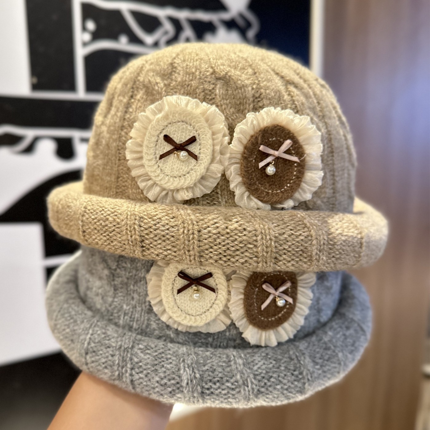 Gorro Sombrero Tejido de Lana Cálido con Moño de Poliéster para Invierno