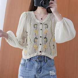 早秋毛衣新款韩版复古镂空刺绣单排扣宽松短款长袖针织衫女上衣
