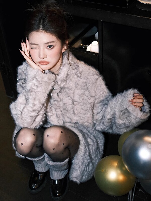 小さな火山ヌヌムーンシャドウガールスタンドアップカラー染め先環境に優しい毛皮のコート女性の冬暖かい毛皮のコート多用途|undefined