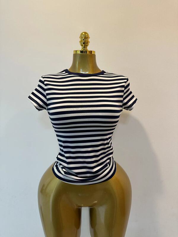 Cross-Border High-Quality Women's Summer Striped Slim-Fit Short-Sleeve T-Shirt with High Elasticity and Waist-Cinching Design, Sports Yoga Short Top Factory Cross-Border High-Quality Women's Summer Striped Slim-Fit Short-Sleeve T-Shirt with High Elasticity and Waist-Cinching Design, Sports Yoga Short Top Factory