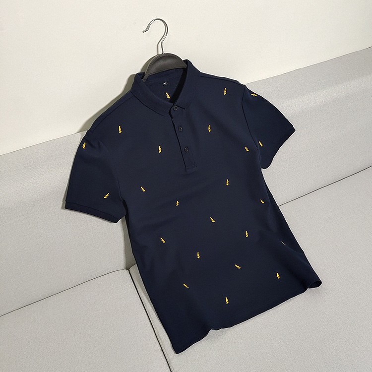 Moda de los hombres de moda verano nuevo negocio casual Polo camisa azul marino relámpago bordado de manga corta Camiseta polo camisa