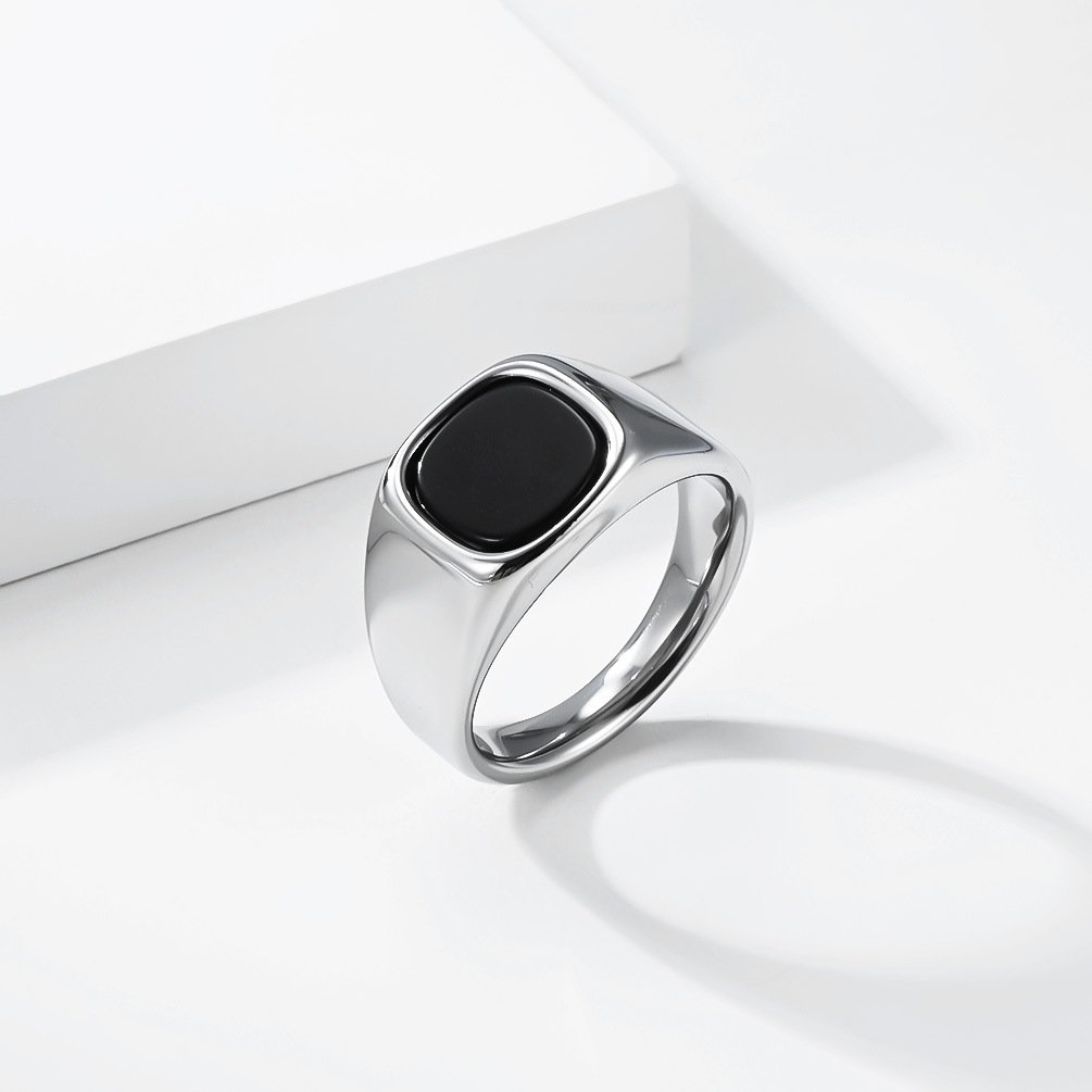 Unisex Minimalistischer Quadratischer Ring Mit Schwarzem Stein_voghion.com