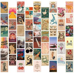 50 retro poster wall card ins nordic decorative background wall decoration card postcard hot sale