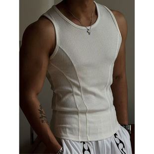 American-Style Men's Slim-Fit Summer Ribbed Vertical Stripe Tight Elastic Spliced Fitness Round-Neck Sleeveless Vest by Mengwei