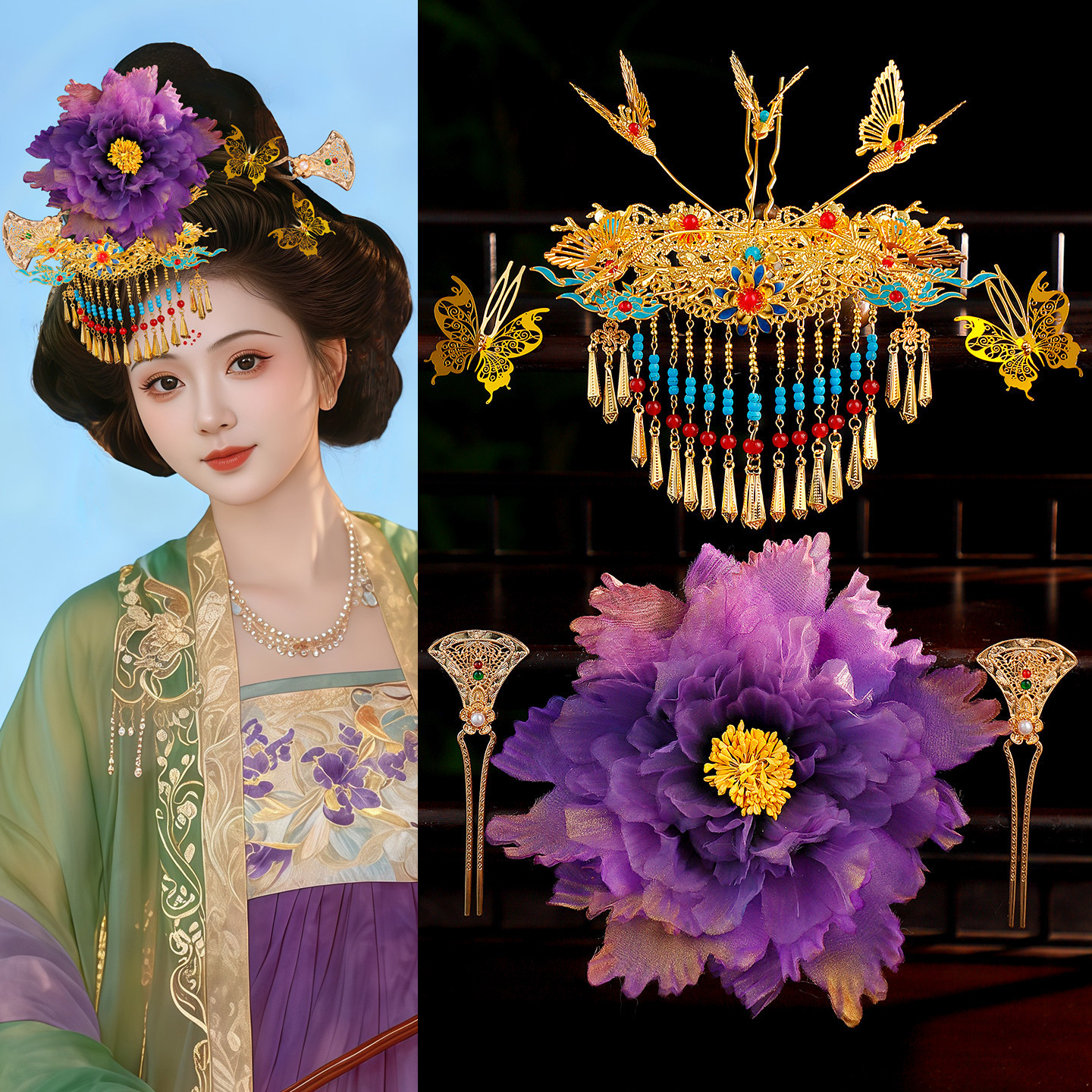 汉服复古古装写真华丽配饰紫色渐变绢纱花朵发夹蝴蝶流苏发冠头饰