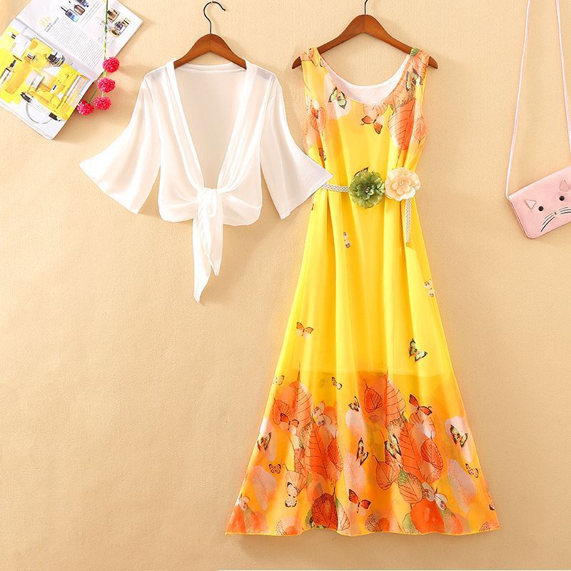 Beach Skirt 2025 Summer New Long Skirt Seaside Vacation Chiffon Printed Dress Vest Dress Women's One Piece Drop Shipping