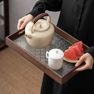 Walnut window flower glass tray rectangular small tea tray household Cup storage tray fruit snack plate dinner plate