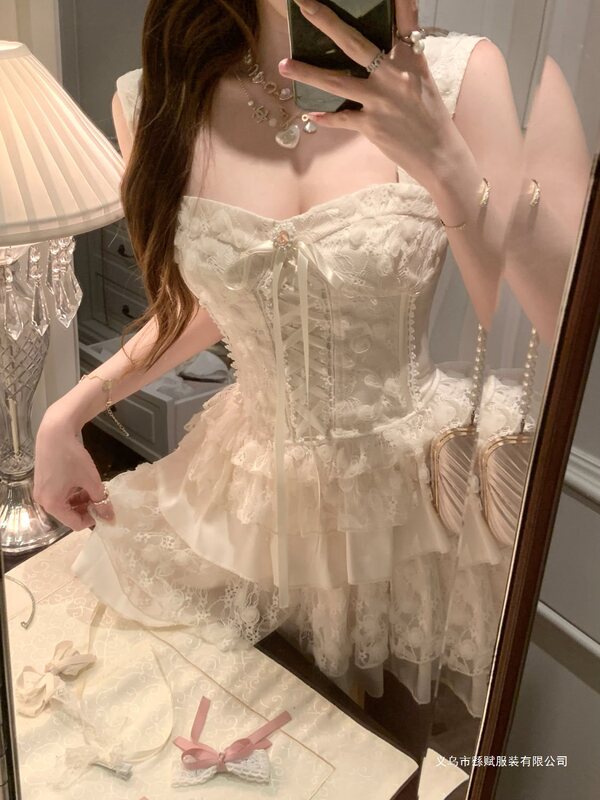 Cheese Sweetheart~Rose Stereo Flower Top Multi-Layered Cake Skirt Heavy Lace Two-Piece Suit