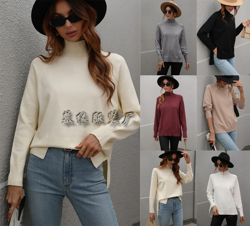 2022 Amazon autumn and winter new solid color sweater turtleneck cross-border European and American women's clothing solid color Foreign trade turtleneck sweater for women