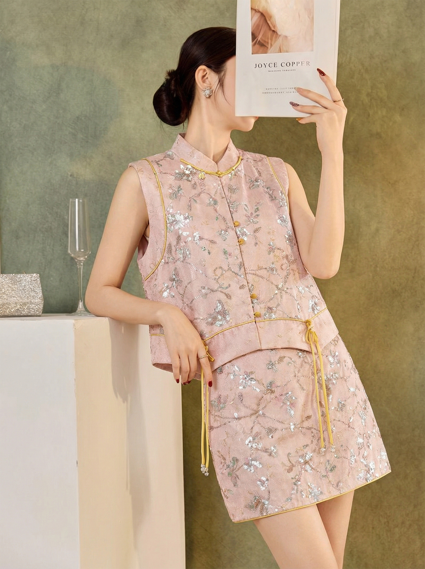 Áo hai dây thêu sequin phối tua rua cổ đứng – set chân váy midi phong cách tân Trung Hoa — nửa váy, Trang chủ