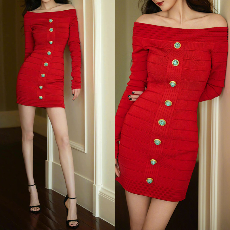 现货杨密同款法式红色性感一字肩连衣裙高级感设计修身包臀短裙22