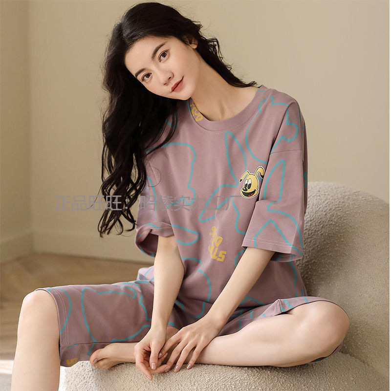 2025 Women's Summer Short-Sleeve Pajamas with Cropped Pants, Pure Cotton Round Neck Set, Korean Style Casual Loungewear, Can Be Worn Outside, Two-Piece Set