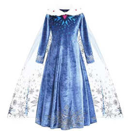 2025欧美冰雪奇缘爱莎连衣裙爱莎印花毛毛领披风礼服裙女童公主裙