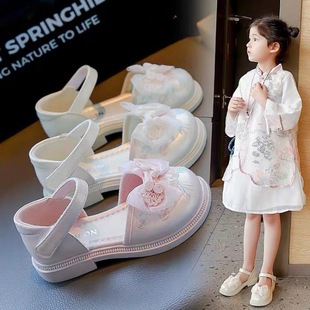Girls' Baotou Sandals, Chinese Style Han Dynasty Shoes, Embroidered Children's Princess Shoes, Middle-aged and Little Girls' Single Shoes