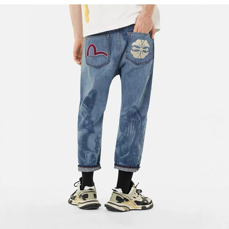Evisu 26 Styles Men's 9-Point Pants with Floral Embroidery, Fashionable Denim Jeans