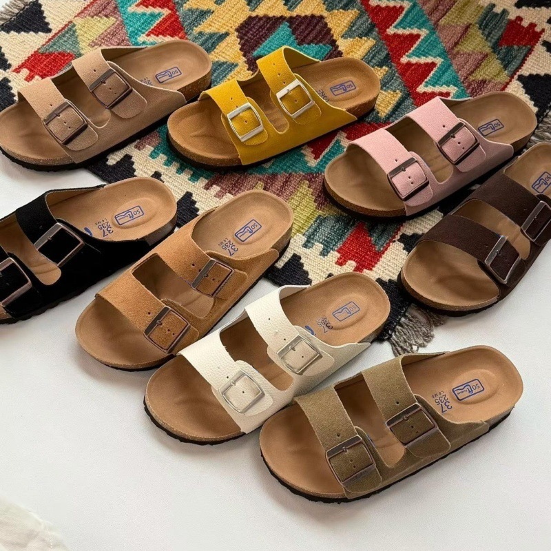 출생 더블 슬리퍼 여성 플랫폼 샌들 정품 가죽 Cowhide Birkenth 대형 남성 및 여성 캐주얼 코르크 미끄럼 증가
