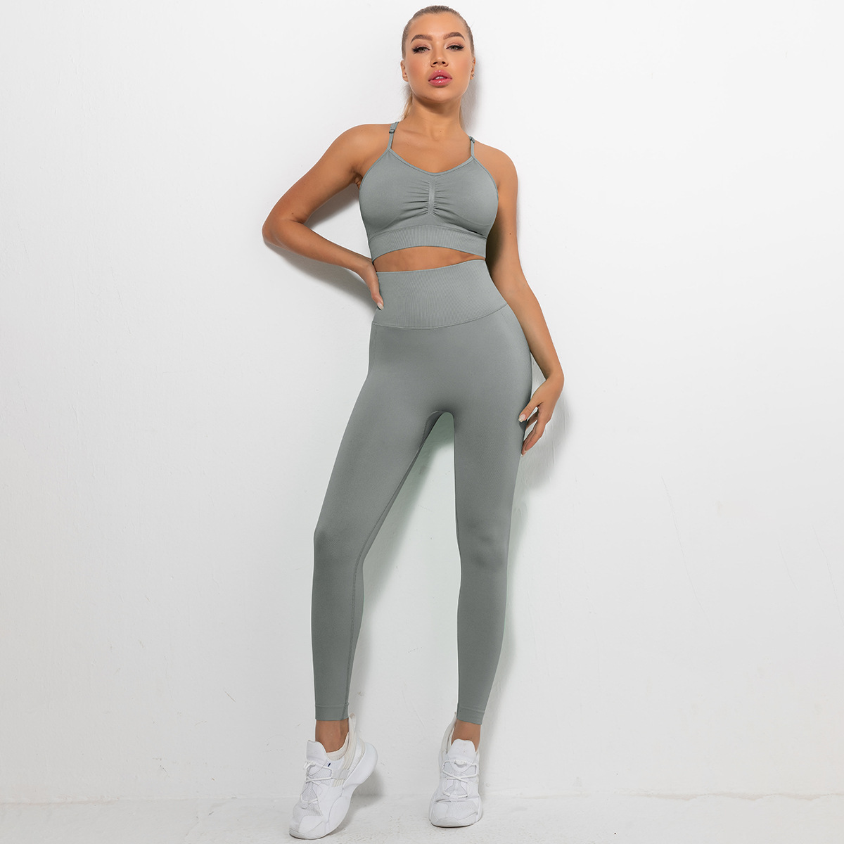 hip-lifting high-elastic sling tight high waist solid color vest and pant yoga set-Multicolor NSNS131989