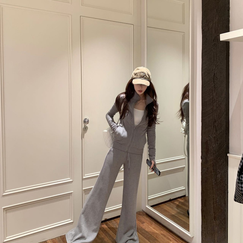 休闲运动套装立领修身卫衣外套上衣女秋季高腰拖地裤微喇裤两件套|undefined