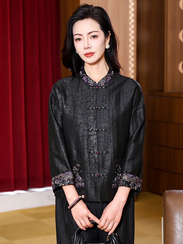 春夏妈妈装国风新中式龟裂纹香云纱刺绣显瘦复古盘扣女装两件套装|undefined