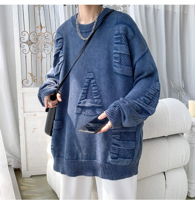 Men's Oversized Knit Sweater Round Neck Streetwear Pullover_voghion.com