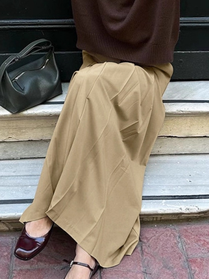 通勤时尚高腰半身裙女2025秋季学院风卡其色A摆百褶裙中长款裙子|undefined