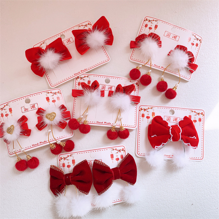 Children's New Year Red Bow Hair Clip for Baby with Wool Balls and Tassels, Chinese Style Hanfu Hair Accessory for Girls