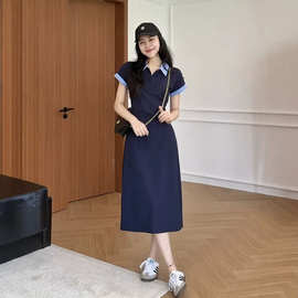 大码裙子韩系撞色polo领连衣裙女装胖MM高腰设计感显瘦掐腰长裙子