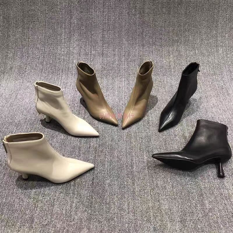 黑色高跟短靴女2025秋冬女靴及裸踝靴真皮小跟尖头法式细跟瘦瘦靴