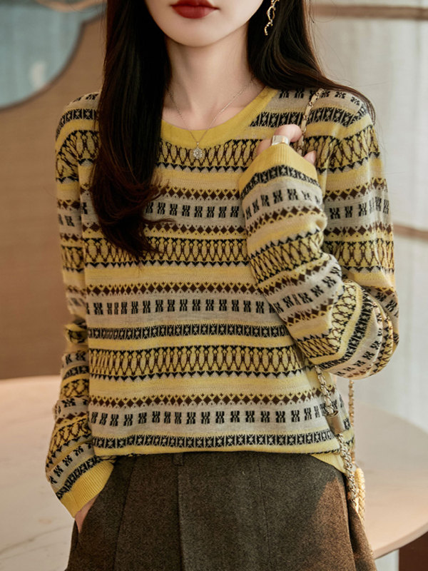 【厂家直供】复古拼色圆领条纹毛衣针织衫女时尚外穿宽松打底上衣|undefined