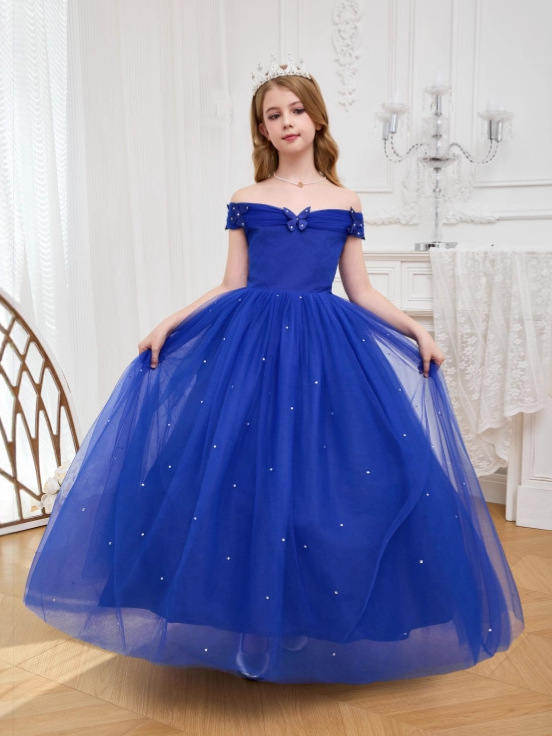 Ropa infantil transfronteriza, vestidos formales para niñas, vestidos de niña de las flores para bodas, vestidos de princesa Cenicienta de un solo hombro para niñas, vestidos largos de tul abullonados estilo anfitriona.