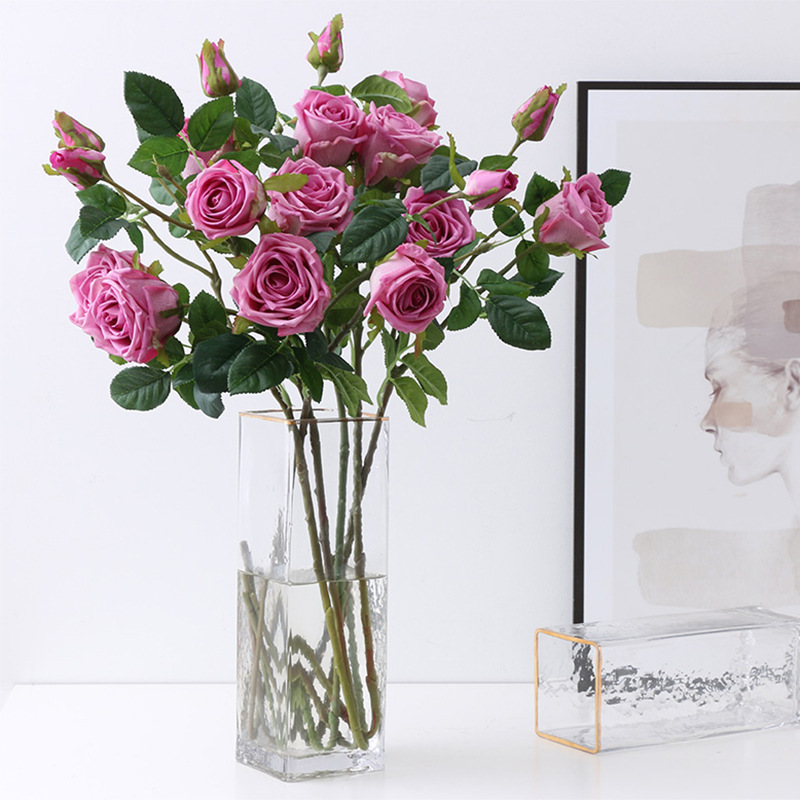 高端3頭手感保濕玫瑰仿真花 婚慶婚禮布置家居裝飾仿真玫瑰花批發