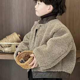 男童冬季毛毛衣棉服套装2024新款加厚拼接外套裤子两件套加厚时尚