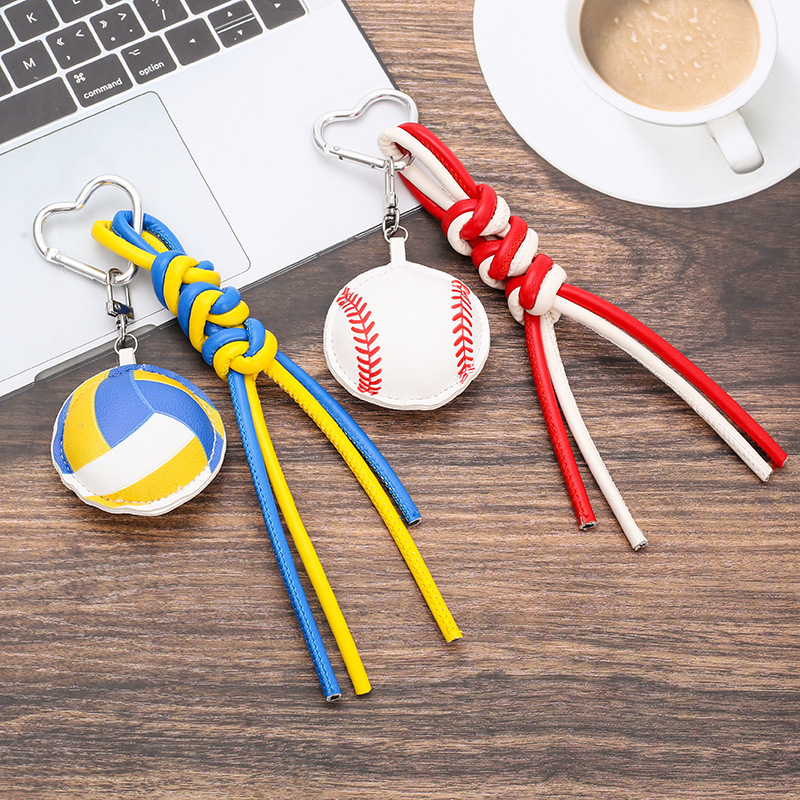 Original Color Matching Ins Style Pu Leather Rope Hand-Woven Ball Bag Hanging Basketball Tennis Christmas Keychain Decoration