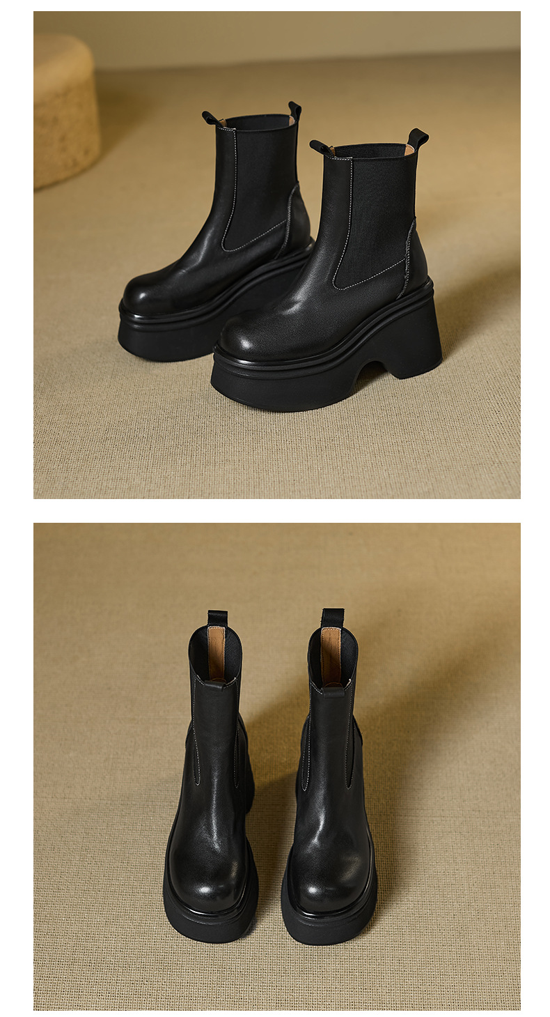 Boot Chelsea nữ da bò mũi tròn đế nêm siêu cao gót cổ ngắn mùa thu đông — Lớp lót nhung đen, đen, Lớp lót nhung màu nâu, nâu chi tiết 13