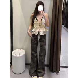 秋季新款迷彩印花牛仔裤女宽松显瘦阔腿裤高腰垂坠感喇叭拖地长裤
