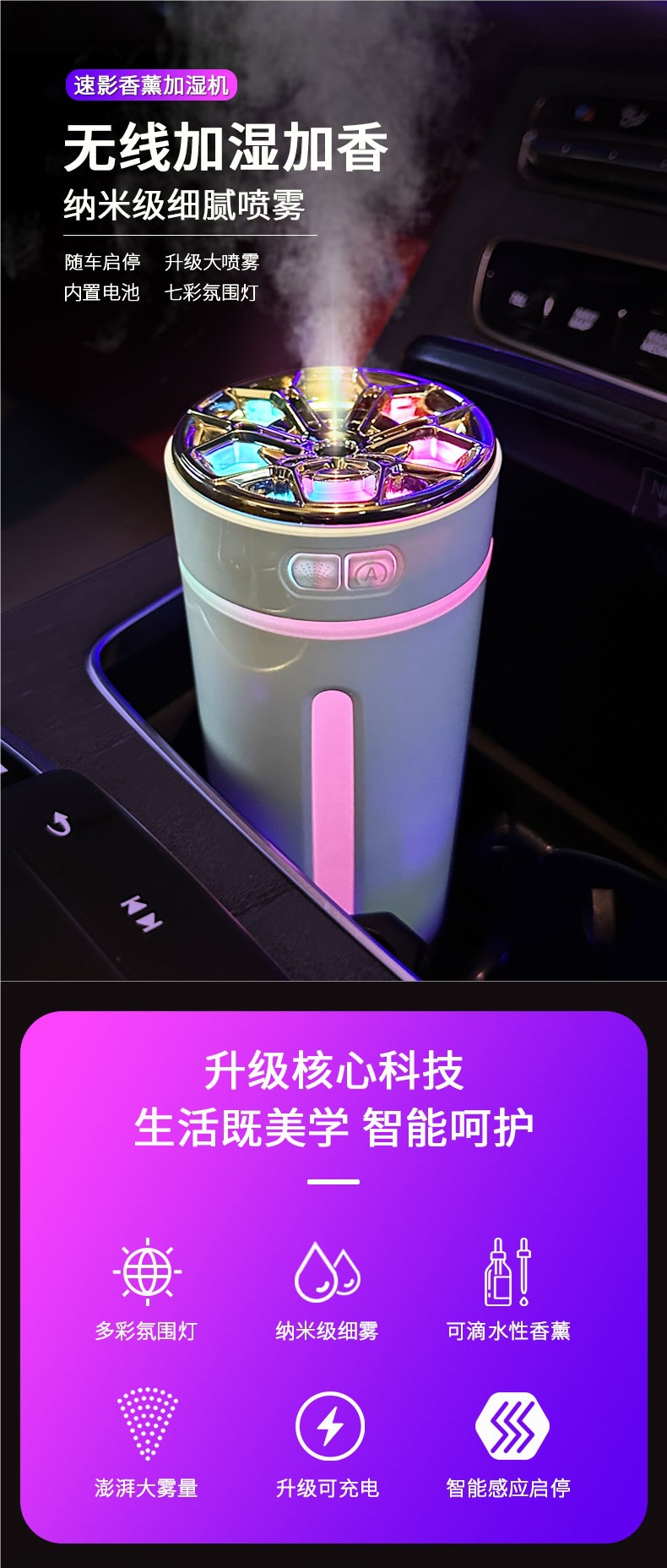 Smart Car Humidifier, Air Purifier, Aromatherapy Essential Oil, Car Odor Removal, Car Perfume, Atmosphere Light, Oxygen Bar