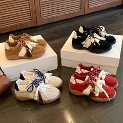 牛皮~葡萄ma同款增高6cm鸳鸯鞋带串珠拼色厚底德训鞋女休闲运动鞋