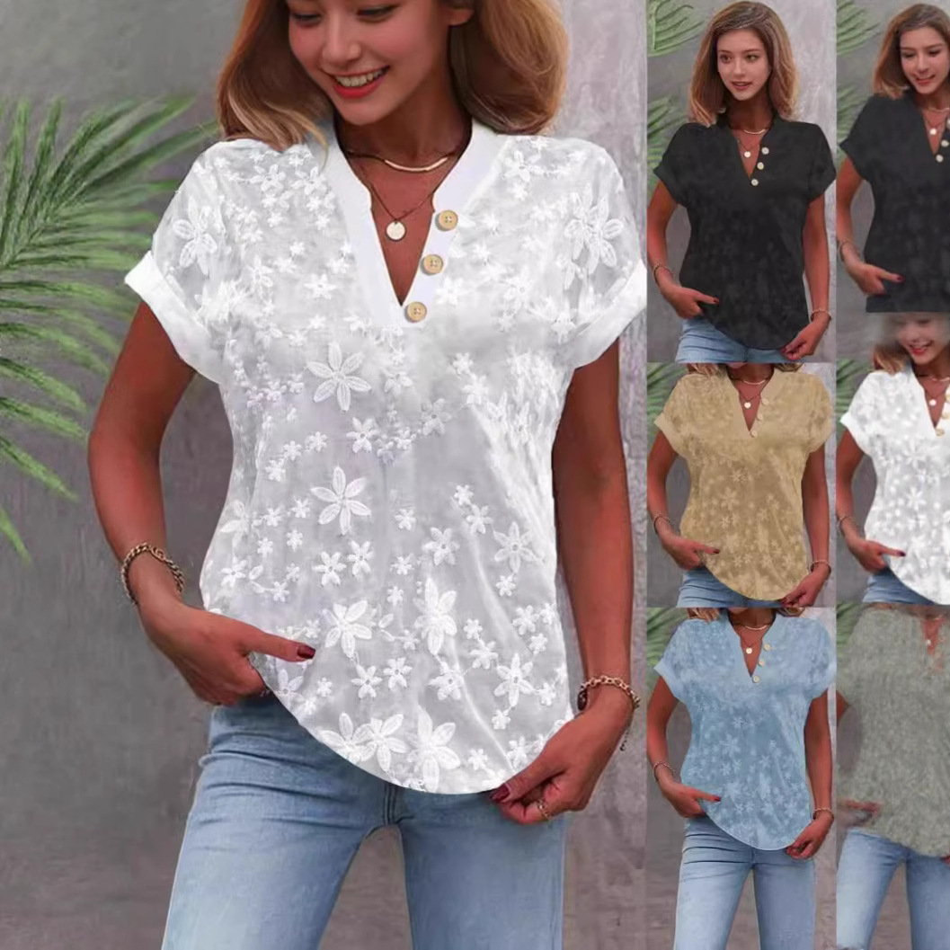 2024 Independent Platform Wish Amazon Summer Simple Casual Solid Color V-Neck Short Sleeve Shirt for Women