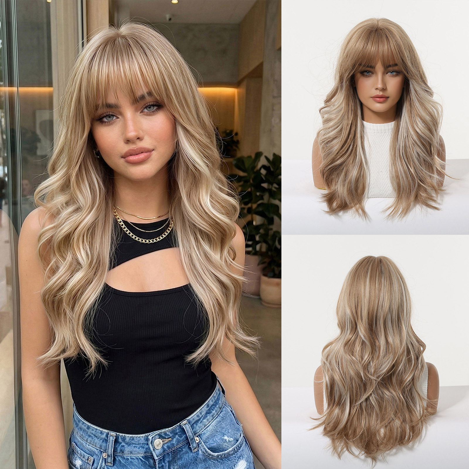 Pelucas de corte de estilo europeo y americano, pelucas con flequillo, cubiertas completas para mujer, cabello rizado, grandes ondas, cubiertas de fibra química, wigs